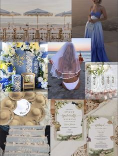 a collage of photos with blue and white flowers on them, including the bride's veil