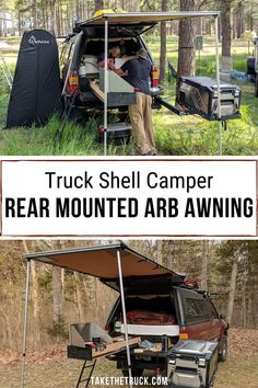 the truck shell camper is equipped with an awning and tent for camping in the woods