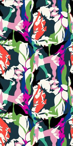 an abstract floral pattern in pink, green, blue and white colors on a black background