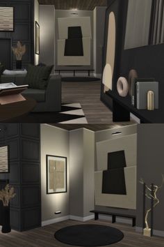 three pictures of a living room with black furniture