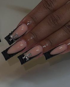 Black Nails Ideas For Prom, Medium Length Nails With Charms, Black Acrylics With Design, Medium Nail Sets, Acrylic Nails Black French, Baddie Black Nails, Black Freestyle Nails, Nail Inspo Medium Length