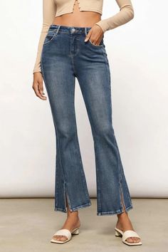 Cut from stretchy premium denim that provides a super comfortable fit, they have a slim fit through the legs before kicking out to flared cuffs. Thanks to the split hems, they're also a way to showcase your favorite pumps. Stretch Medium Wash Cropped Leg Flare Jeans, Medium Wash Stretch Flare Jeans With Cropped Leg, Dark Wash Stretch Cropped Leg Flare Jeans, Dark Wash Stretch Cropped Flare Jeans, Stretch Pants With Frayed Hem For Fall, Non-stretch Mid-rise Pants With Frayed Hem, Stretch Cropped Leg Denim Flare Jeans, Stretch Denim Blue Cropped Flare Jeans, Stretch Denim Cropped Flare Jeans