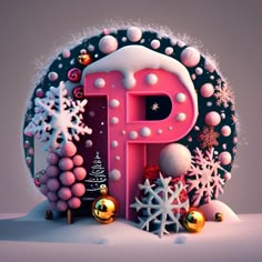 the letter p is surrounded by snowflakes and christmas decorations in pink, white and gold