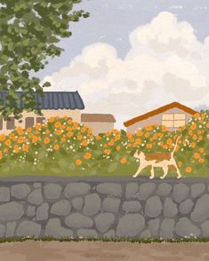 a painting of a cat walking in front of a flower garden with orange and white flowers