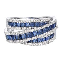 Enchanting with royal allure, this blue sapphire and diamond wrap band is an elegant accessory to uplift your look. Princess cut blue sapphires delight, illuminated by sparkling single cut diamonds and lustrous 10K white gold. | 1/2 ct. tw. Blue Sapphire and Diamond Wrap Band Ring | 10K White Gold | Size 6 | 1mm | Helzberg Diamonds Wide Band Sapphire Ring, Grandmothers Ring, Sapphire Anniversary Ring, Sapphire Gold Ring, Blue Sapphire Wedding Ring, White Gold Sapphire Ring, Sapphire And Diamond Band, Sapphire Solitaire Ring, Hand Rings