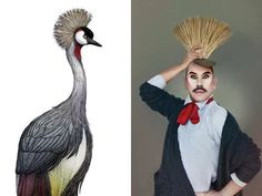 a man with a bird on his head next to an image of a person holding a fan