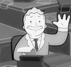 a cartoon man in a suit and tie is giving a hand signal to someone behind him