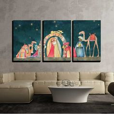 three paintings depicting the birth of jesus and mary in a living room with white couches