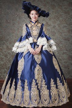 Materials: Polyester fiber  Style types: Lolita Prom  Color: Navy Blue  Include: Dress(Other Accessories Are Not Included) Victorian Dresses High Neck, Luxury Historical Dresses For Fantasy Events, Tudor Dress, Vintage Attire, Style Types, Black Ball Gown, Historical Dress, Art Shoes, Blue Ball Gowns