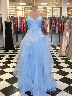 Sky Blue Ruffle Skirt Prom Dresses Spaghetti Strap Junior Prom Dress ARD2124-SheerGirl Prom Dresses Spaghetti Strap, Rok Tile, Blue Ruffle Skirt, Junior Prom Dress, Gaun Tulle, Organza Dresses, Prom Dress For Teens, Simple Prom Dress Long, Gonna In Tulle