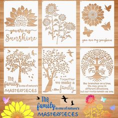 PRICES MAY VARY. Quantity and dimension: there are 6 pieces sunflower and family tree stencils in 6 different designs, with the size of about 11 x 8 inches/ 28 x 21 cm, as well as 1 piece metal open ring approx. 3.2 cm/ 1.26 inch, please check the size before purchasing Durable material: these sunflower stencils are made of quality material, which is laser cut with neat edges, helps you to make beautiful and precise patterns on wood or other kinds of surfaces, it is also flexible yet durable, co Flower Stencil Patterns Templates, Family Tree Stencil, Stencil Flower, Flower Stencil Patterns, Sunflower Stencil, Family Tree Painting, Butterfly Stencil, Tree Stencil, Diy Wand