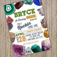 this is an image of a birthday party with rocks and gems on the front card