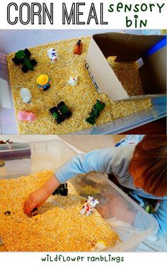 a child is playing with corn and other toys in a bin filled with cereal,