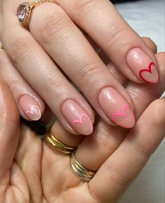 Small Almond Valentines Nails, Short Nail Designs Heart With Eyes, Short Valentines Day Nails French Tip, Betty Cora Nails, Valentine Nails Purple, Natural Nails With Heart, Gel Inspo Nails, Heart Tips Nails, End Of February Nails