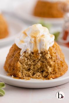 Mini honey bundt topped with whipped cream on a white plate Dairy Free Whipped Cream, Honey Cakes, Bee Food, Small Batch Baking, Mini Bundt, Mini Bundt Cakes, Dessert For Two, Unsweetened Applesauce, Bundt Cakes