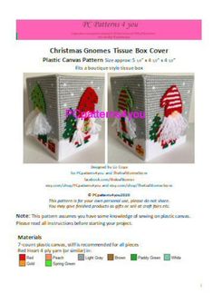 christmas gnomes tissue box cover pattern is shown in three different colors and sizes, with instructions