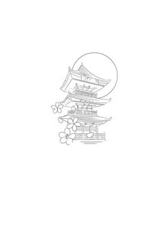 a drawing of a pagoda with flowers in the foreground