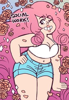 a drawing of a woman with pink hair and blue shorts, in front of roses