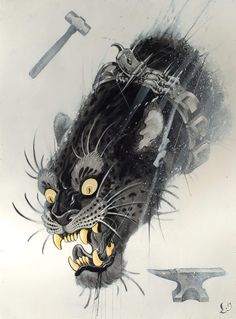 a drawing of a black cat with claws on it's head and two wrenches in its mouth