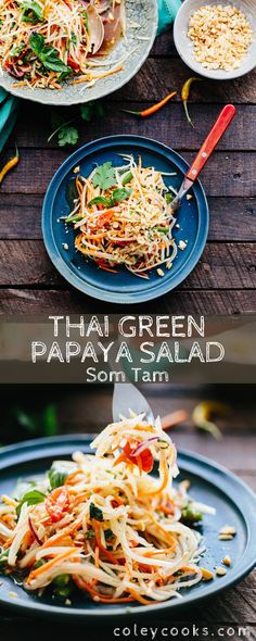 thai papaya salad on a blue plate with chopsticks