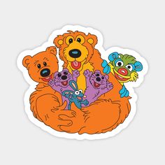 an orange bear surrounded by other cartoon animals