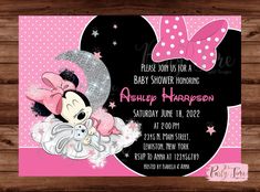 minnie mouse baby shower party with pink and white polka dots on the bottom, black background