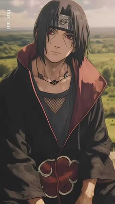 an anime character with black hair and red eyes sitting in front of a green field