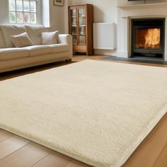 a living room with a couch, fireplace and large white rug on the hardwood floor