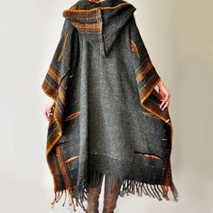 Dark Gray Handwoven Poncho Sold Accepting custom by subrosa123 Handmade Artisan Poncho For Fall, Traditional Handmade Winter Cape, Artisan Poncho For Fall One Size, Artisan Poncho For Fall, Winter Handmade Oversized Poncho, Handmade Oversized Winter Poncho, Handmade Winter Poncho, Handmade Winter Poncho Cape, Bohemian Handwoven Wool Poncho