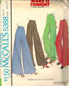 three different colored pants are shown on the front and back of this sewing pattern,