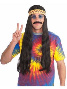 Adult Long Black Hippie Wig - costumes.com Guy Costumes, Woodstock Costume, Wig With Headband, Cher Costume, Decades Costumes, 60s Costume, Black Hippie, Black Hippy, Yellow Headband