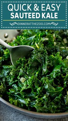 a bowl filled with kale and topped with a spoon