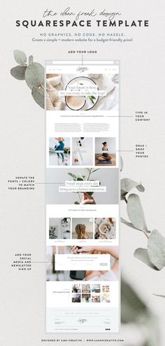 the website design for squarespace is displayed on a white background with green leaves in it