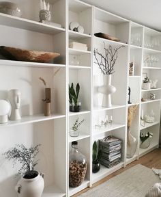 a living room filled with lots of white bookshelves covered in plants and vases