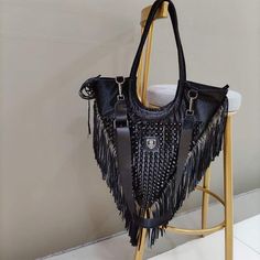 Brand Name: NoEnName_NullOrigin: CN(Origin)Lining Material: PolyesterMain Material: PUPlace Of Origin: GUANG DONG ProvinceShape: BucketOccasion: VersatileClosure Type: zipperDecoration: RivetGender: WOMEN Tas Bahu, Trendy Handbags, Estilo Punk, Tassel Bag, Style Punk, Original Bags, Balenciaga City Bag, Triangle Shape, Shopper Bag