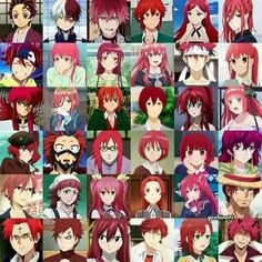 many different anime characters with red hair and beards, all looking alike to the same person