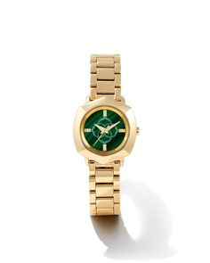 A celebration of our iconic shape designed into an iconic accessory, the Dira Gold Tone Stainless Steel 28mm Watch in Green Malachite is at once modern and classic. Find our signature medallion, symbolizing joy, optimism, possibility, and femininity, etched beneath the anti-scratch sapphire glass case. Diamonds add sparkle to the hour marks, which beautifully complements the shine of the polished metal. We have taken steps to ensure that, when applicable, our diamonds are conflict free by requir Kendra Scott Store, Sold Out Sign, Green Malachite, Glass Case, Black Stainless Steel, Quality Diamonds, Shape Design, Kendra Scott, Gold Watch