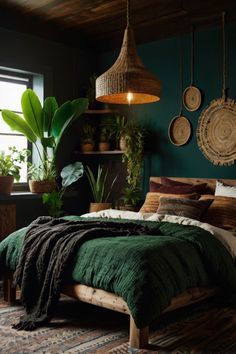 a bedroom with green walls and plants in the corner