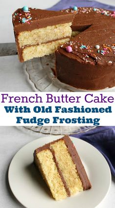 french butter cake with old fashioned fudge frosting on a white plate next to a slice