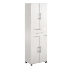 a tall white cabinet with two doors