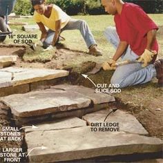 two men working on some stone steps in the yard with instructions for how to install them