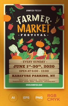 the farmer market flyer is displayed on an orange background