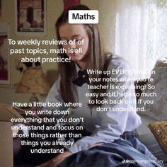 a woman sitting on top of a couch in front of a window with the caption'to weekly review of past topics, math is all about practice