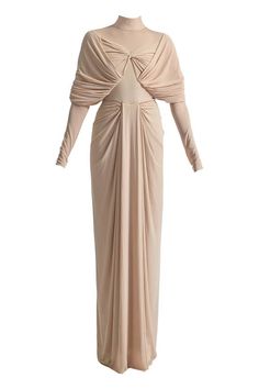 Chalk beige malai lycra and net draped dress with pleated detailing. - Aza Fashions Beige Maxi Dress, Knitwear Outfit, Happy Clothes, Yellow Maxi Dress, Yellow Maxi, Butter Yellow, Dresses By Length, Draped Dress, High Collar