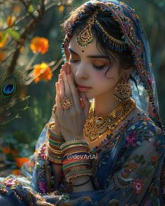 a woman wearing jewelry and holding her hands to her face while standing in front of a peacock