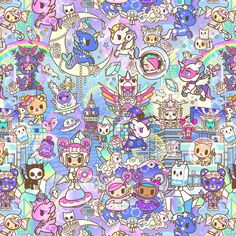 an image of many different cartoon characters on a blue and purple background with rainbows