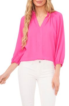 Lightweight crepe elevates your casual look in this raglan-sleeve popover top designed with gentle gathers at the neck. 24" length V-neck Three-quarter sleeves with elastic cuffs 100% polyester Machine wash, line dry Imported Casual Look, Rose Pink, Three Quarter Sleeves, Raglan Sleeve, Three Quarter, Casual Looks, Tops Designs, Nordstrom, Size Medium