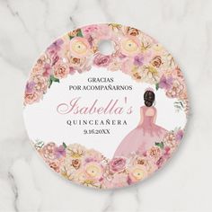 a round personalized wedding gift tag with flowers and a bride in a pink dress