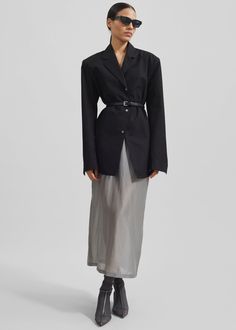 Avianna Padded Button Up Shirt - Black Sheer Midi Skirt, Fitted Midi Skirt, Tie Neck Shirt, The Frankie Shop, Skirt With Buttons, Frankie Shop, Sheer Skirt, Paris Woman, Gray Skirt