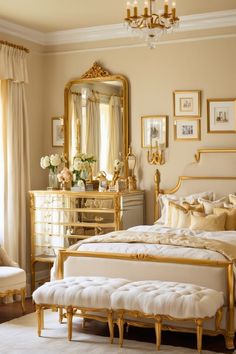 a bed room with a neatly made bed and a mirror on the wall above it